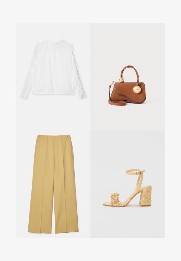 White long-sleeve top with a round neckline and gathered detailing on sleeves. Made of lightweight fabric with a flowing fit.; Wide-leg trousers in a mustard yellow fabric, featuring front pockets and a smooth texture, with a clean, tailored design.; Beige high-heeled sandal with a braided texture, featuring a decorative flower and ankle strap. Square-shaped heel adds stability.; Brown leather handbag with a wavy design, featuring two circular gold accents and a detachable shoulder strap for versatile carrying.
