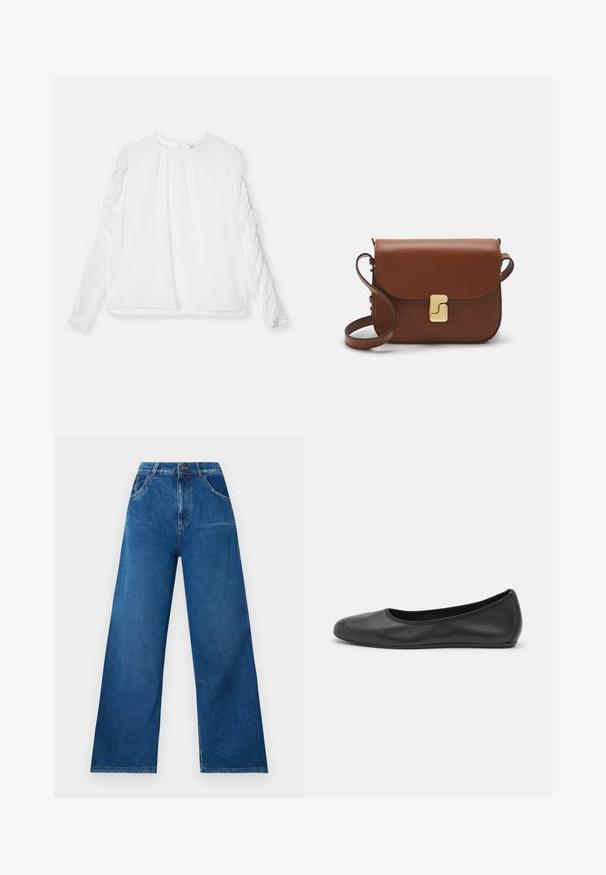 Bílé tričko s dlouhými rukávy a kulatým výstřihem, s nabíranými detaily na rukávech. Vyrobeno z lehkého materiálu s volným střihem.; Široké džíny v tmavě modrém denimovém provedení s vysokým pasem, vybavené předními a zadními kapsami a kontrastním prošíváním.; Černé kožené baletní byty s kulatou špičkou, hladkou texturou, minimálními švy a flexibilním designem podrážky.; Hnědá kožená kabelka s klopou, zlatými kovovými detaily, ramenním popruhem a hladkým povrchem. Kompaktní obdélníkový tvar.