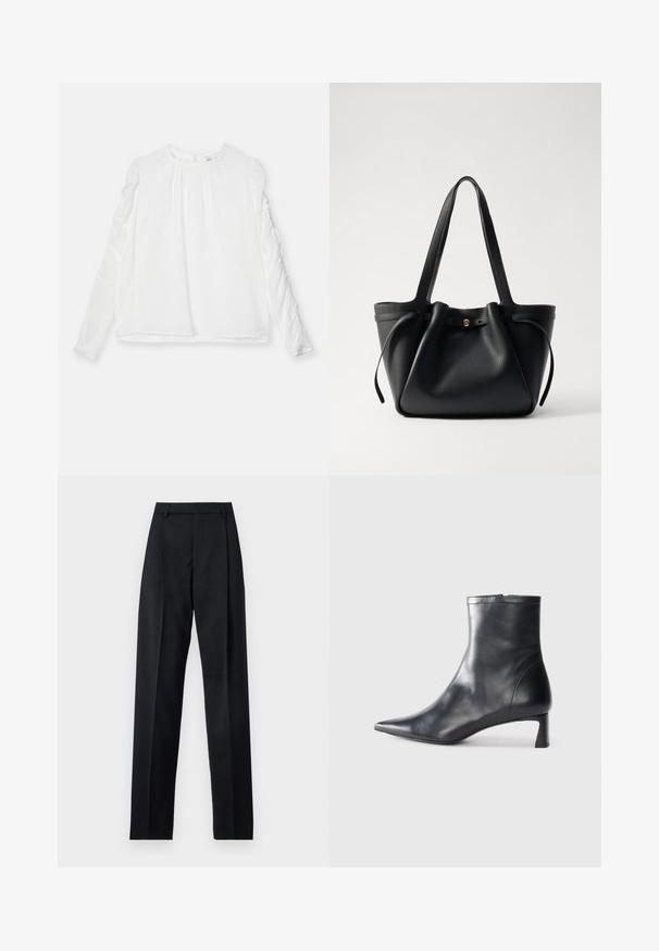 Maglietta bianca a maniche lunghe con scollatura rotonda e dettagli arricciati sulle maniche. Realizzata in tessuto leggero con una vestibilità fluida.; Pantaloni neri realizzati in tessuto morbido, caratterizzati da vita alta, gambe larghe, pince frontali e classiche passanti per cintura. Non ci sono tasche laterali visibili.; Stivaletto in pelle nera con punta affusolata e design elegante. Presenta un tacco basso e una chiusura con zip sul retro. Texture liscia.; Borsa a spalla in pelle nera con due manici lunghi, parte superiore arricciata e un accento circolare dorato. Texture liscia con un design minimalista.
