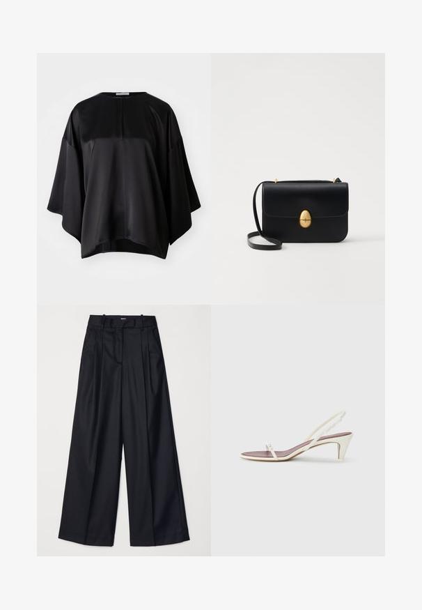 Juodas satino topas su laisvu siluetu, apvaliu iškirpimu, plačiomis rankovėmis ir subtiliu užtrauktuku nugaroje. Lygus paviršius ir minimalus dizainas.; Juodos plačios kojų kelnės, pagamintos iš lygaus audinio, su aukštu liemeniu, klostėmis ir pritaikytu dizainu. Paprasta juoda detalių sistema liemens srityje.; Baltos slingback šlepetės su lengvu kulnu, plonais dirželiais ir lygia odos tekstūra; turi mažą dekoratyvinę sagtelę.; Juodas odinis rankinukas su struktūrine stačiakampio forma. Yra auksinė ovali sagtis ir plona petneša. Glotni tekstūra.