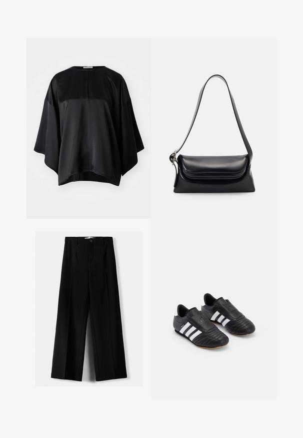 Sort satin top med en afslappet pasform, der har en rund halsudskæring, brede ærmer og en diskret lynlås i ryggen. Glat tekstur og minimalistisk design.; Sorte brede bukser lavet af letvægtsstof, med frontknaplukning og glat front, samt pænt syede kanter.; Sorte fodboldstøvler med overdel i struktureret læder, der har en polstret forfod, tre hvide striber på siderne og en sål i gummi.; Sort læderhåndvask med en struktureret form, en glat overflade og en enkelt skulderrem. Har et subtilt, rundet klapdesign.