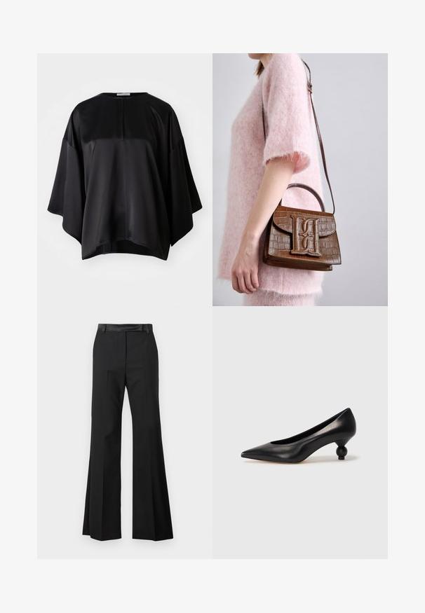 Mustat satiinitoppi rennolla istuvuudella, pyöreällä kaula-aukolla, leveillä hihoilla ja huomaamattomalla takavetoketjulla. Sujuva kangas ja minimalistinen muotoilu.; Mustat leveälahkeiset housut, joissa on sileä kangasviimeistely, yksivärinen vyötärönauha ja laskostukset, jotka antavat siistin ilmeen.; Musta nahkakengät korkealla korolla, joissa on terävä kärki ja pyöreä, pallomainen korko. Sileä pinta ja tyylikäs, minimalistinen muotoilu.; Ruskea krokotiili-illalla kuvioitu käsilaukku, jossa on päällikahva ja olkahihna. Etu-läpän päällä on näkyvä logo. Pehmeä tekstuuri.