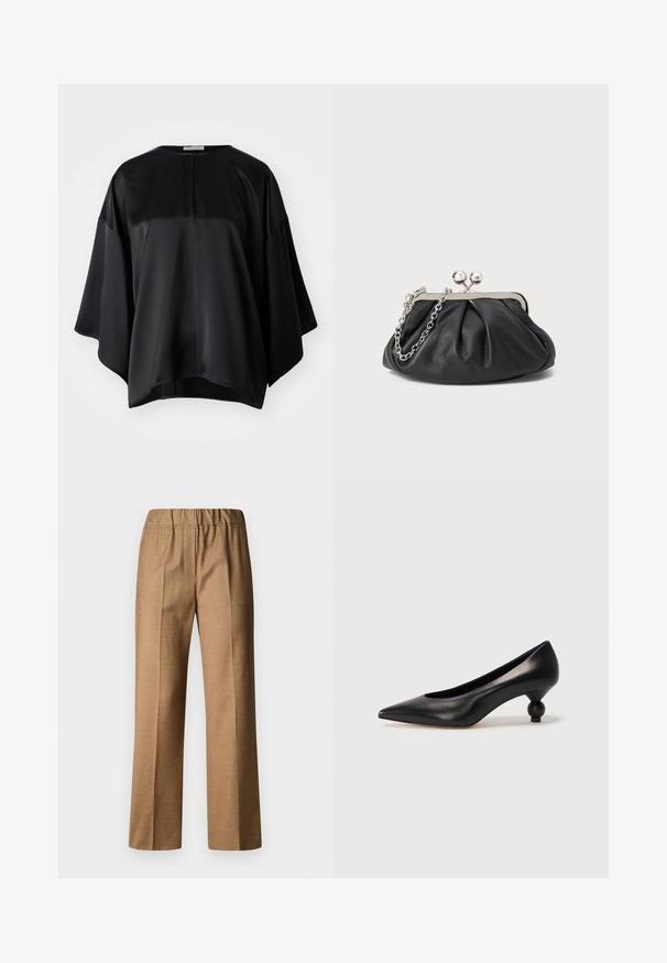 Top in satin nero con una vestibilità rilassata, caratterizzato da un collo rotondo, maniche ampie e una zip sul retro discreta. Texture liscia e design minimal.; Pantaloni marroni, texturizzati, con una vestibilità rilassata, caratterizzati da una gamba ampia e una cintura elastica. Design su misura con pieghe frontali.; Scarpa con tacco alto in pelle nera, con punta affilata e tacco arrotondato e bombato. Texture liscia con un design elegante e minimalista.; Clutch in pelle nera con texture arricciata, cornice in metallo color argento, chiusura a scatto e tracolla a catena. Superficie liscia e morbida.