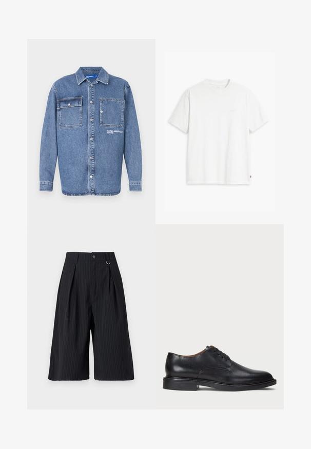 Světle modrá džínová bunda s klasickým límcem, dvěma knoflíkovými kapsami na hrudi a vyšitým logem "KARL JEAN". Zapínání na knoflíky vpředu.; Bílá bavlněná tričko s krátkými rukávy, klasickým výstřihem a decentním logem Levi's vytištěným uprostřed. Měkká textura a standardní střih.; Černé kratasy s jemným proužkem, s vertikálními záhyby, zapínáním na knoflík a kovovým kroužkem jako akcentem. Hladká látka s dobře padnoucím střihem a délka těsně nad kolena.; Černé kožené společenské boty s kulatou špičkou, šněrováním a nízkým podpatkem. Hladký povrch s minimálním šitím.