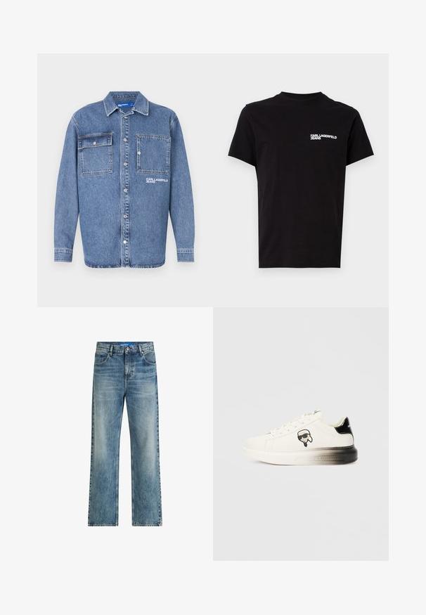 Heled sinine denim jakk klassikalise kraega, kahe nööpidega rinna tasku ja tikitud "KARL JEAN" logo. Nööbist sulgemine ees.; Must musta, mis on valmistatud puuvillast, laia kaelusega ja lühikeste varrukatega. Vasakul rinnal on silmatorkav valge logo tekst. Lihtne disain.; Heledsinine denimeest laiade jalgadega teksad, millel on kõrge talje, klassikaline viie taskuga disain ja kerge fade, et lisada tekstuuri.; Valge spordijalats sileda nahkpealispinnaga, mustade aktsentidega kandadel ja multifilmi logo. Omab paksu, veidi läbipaistvat tallat.