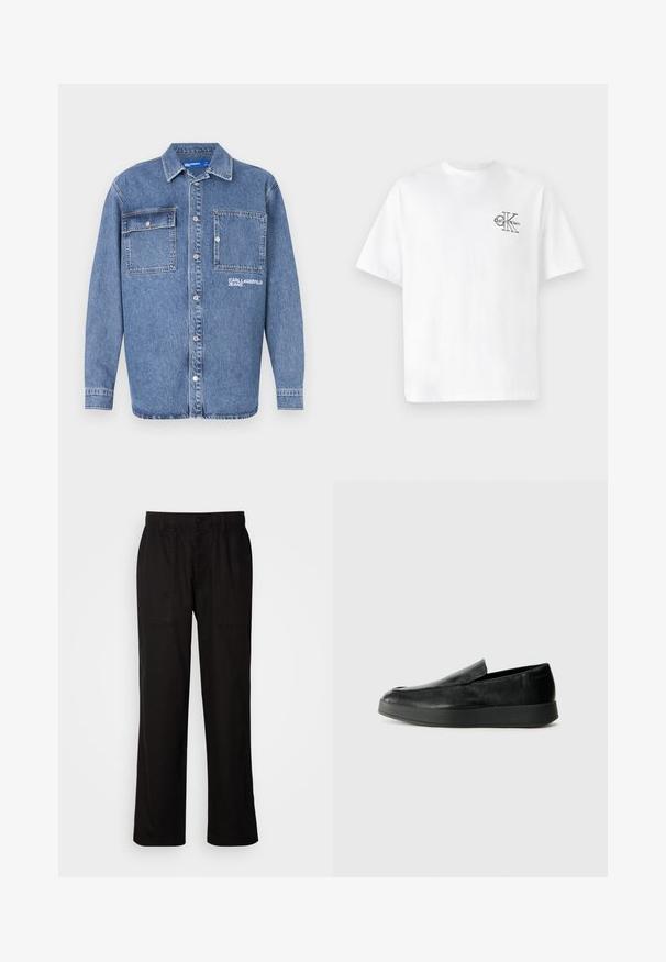 Šviesiai mėlynas džinsinis švarkas su klasikiniu apykakle, dviem užsegamais krūtinės kišenėmis ir siuvinėtu "KARL JEAN" logotipu. Užsegimas priekyje su mygtukais.; Balta medvilninė marškinėliai su trumpomis rankovėmis, apvalia kaklo iškirpte, kairėje krūtinės pusėje esantis juodas CK logotipas, standartinio kirpimo, lygus paviršius.; Juodos kelnės su laisvu siluetu, pagamintos iš lengvos medžiagos. Yra elastingas juosmuo, mygtuko užsegimas ir dvi priekinės kišenės.; Calvin Klein HYBRID CUP - Įmautiniai batai - triple black