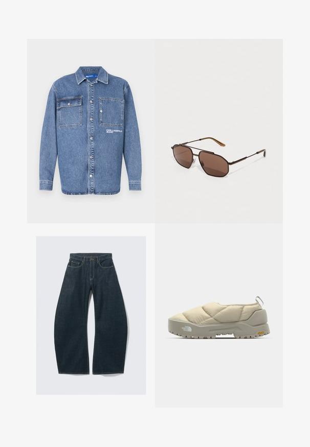 Vaalean sininen farkkutakki, jossa on klassinen kaulus, kaksi nappikiinnitteistä rintataskua ja brodeerattu "KARL JEAN" -logo. Napitus edessä.; Tummansiniset leveälahkeiset farkut denimiä, joissa viisi taskua, näkyvät saumat, nappikiinnitys ja siisti viimeistely.; Beige lämmikjede kingad halli Vibram tallaga, ümar kujuga ja tagumise silmaga. Omavad logo külgedel ja tekstuurset pealispinda.; Ruskeat oktaaliset aurinkolasit ohuella mustalla metallikehyksellä, jota korostavat ruskeat temppelit. Tummat sävytetyt linssit tarjoavat UV-suojan.