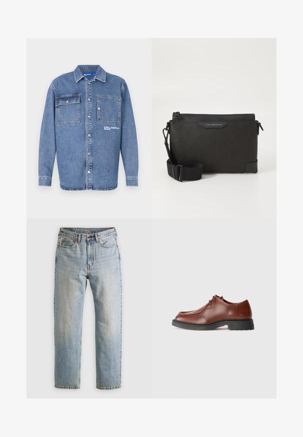 Jasnoniebieska kurtka dżinsowa z klasycznym kołnierzem, dwoma kieszeniami na piersi zapinanymi na guzik i haftowanym logo "KARL JEAN". Zapięcie na guziki z przodu.; Jasnoniebieskie dżinsy z wysokim stanem, z guzikiem z przodu, zamkiem błyskawicznym i pięcioma kieszeniami, ułożone na płasko na neutralnym tle.; Brązowe skórzane buty wizytowe z okrągłym noskiem, kontrastowym przeszyciem, sznurowanym zapięciem oraz teksturowaną czarną gumową podeszwą.; Czarna skórzana torba na ramię o teksturowanym wykończeniu, z zamkiem błyskawicznym i regulowanym paskiem. Naszywka z logo z przodu. Prostokątny kształt.