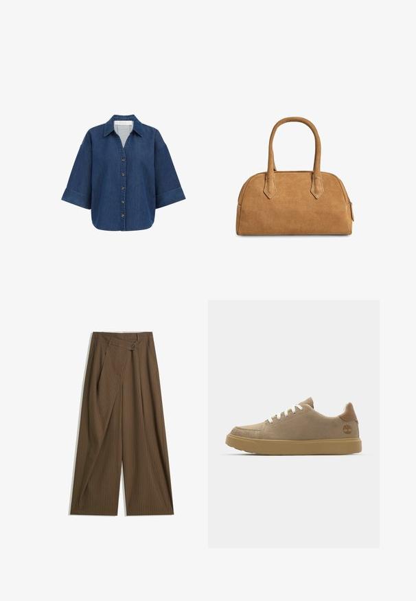 Camicia di jeans blu scuro, con collarino, chiusura con bottoni e ampie maniche a tre quarti con dettagli sui polsini.; Pantaloni larghi marroni con sottili righe bianche, vita alta, chiusura frontale con bottone e pannello sovrapposto in stile avvolgente.; Sneaker in suede beige con lacci bianchi, suola in gomma color tan e un accento in pelle marrone sul tallone con un logo sul lato.; Borsa a tracolla in suede beige con una forma strutturata, caratterizzata da due manici e ritagli triangolari, e una chiusura con zip sulla parte superiore.