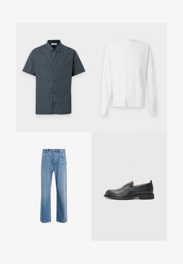 Koszula z krótkim rękawem w kolorze granatowym z białym wzorem w zygzak. Posiada klasyczny kołnierzyk i zapięcie na guziki z przodu. Gładka faktura tkaniny.; Biała, bawełniana koszula z długim rękawem, okrągłym dekoltem, bocznymi rozcięciami na dole oraz gładką fakturą, wyeksponowana z tyłu.; Jasnoniebieskie dżinsy o prostym kroju, pięć kieszeni, zapięcie na guzik, minimalne blaknięcia i kontrastowe wykończenia szwów.; Czarne skórzane mokasyny z gładkim wykończeniem, płaską podeszwą i zaokrąglonym czubkiem, ozdobione paskiem na górze.