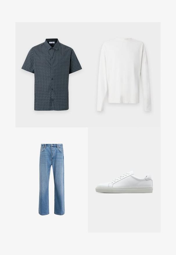 Korte mouw blouse in marineblauw met een wit zigzagpatroon. Voorzien van een klassieke kraag en knoopsluiting aan de voorkant. Glad stoftextuur.; Witte katoenen blouse met lange mouwen en een ronde halslijn, met zijsplitten aan de onderkant en een gladde textuur, vanuit de achterkant weergegeven.; Lichtblauwe denim jeans met een straight-leg ontwerp, vijf zakken, knoopsluiting, minimale vervaging en contrasterende stikseldetails.; Witte sneaker met een gladlederen bovenwerk en een laag profiel. Voorzien van een ronde neus, zes vetergaatjes en een gestructureerde rubberen zool.