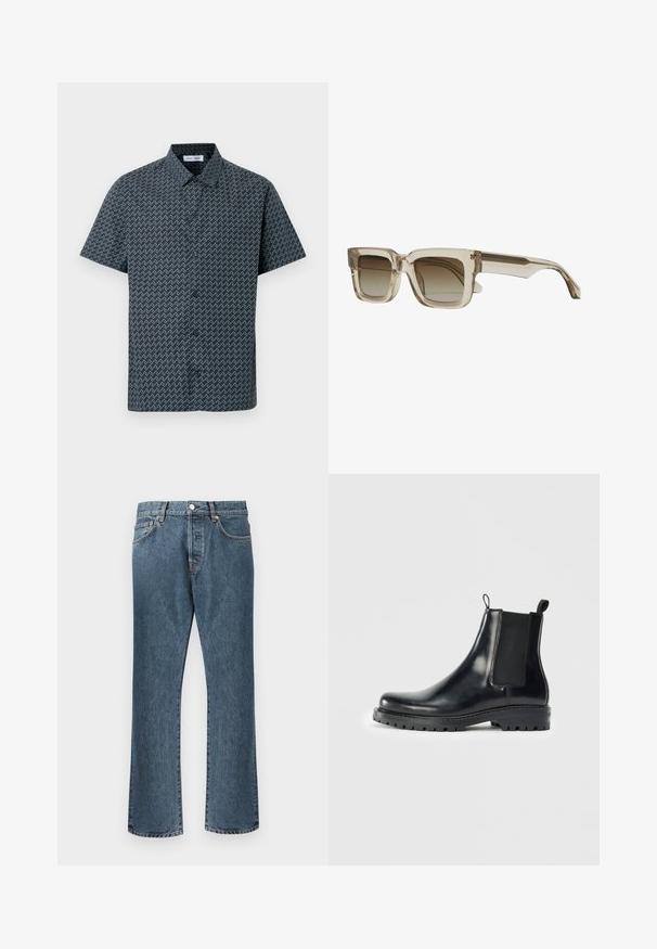 Cămașă cu mâneci scurte, de culoare bleumarin, cu un model alb în zigzag. Are guler clasic și închidere frontală cu nasturi. Textură netedă a materialului.; Blugi din denim albastru cu un design drept, având o închidere clasică cu nasture și fermoar, cinci buzunare și o estompare subtilă.; Bocanci Chelsea din piele neagră, cu panouri elastice pe laturi, o buclă pentru o purtare ușoară și o talpă robustă din cauciuc cu un grip texturat.; Ochelari de soare pătrați, cu o ramă bej transparentă și lentile maronii cu un gradient. Temele sunt elegante, cu un detaliu de design subtil.