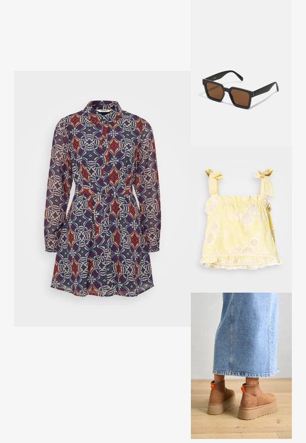 Mouwloos geel topje met gestreept patroon, met textuur florele borduursels, een gerimpelde onderrand en strikbandjes. De stof lijkt lichtgewicht en zacht.; Shirtdress met een kleurrijk geometrisch patroon in rood, blauw en crème, met een ceintuur in de taille en lange mouwen. Gemaakt van lichtgewicht stof.; Bruine suède platformlaarzen met elastische zijkanten en oranje trekbandjes, gecombineerd met een lichtdenim rok tot de knie op een houten vloer.; Zwarte vierkante zonnebril met bruine lenzen, met een matte afwerking en gouden accenten op het montuur. Het ontwerp is hoekig met brede pootjes.; Gouden hoepel oorbellen met een glad, gebogen ontwerp. Gemaakt van metaal, met een elegante afwerking en een paal-achter sluiting.