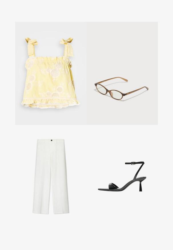 Mouwloos geel topje met gestreept patroon, met textuur florele borduursels, een gerimpelde onderrand en strikbandjes. De stof lijkt lichtgewicht en zacht.; Witte, wijde broek met een gladde textuur, voorzien van een sluiting met een knoop aan de voorkant en riemlussen, ontworpen voor een relaxte pasvorm.; Bershka Sandalen met hoge hak - black; Bruine schildpadbril met ovale lenzen, dunne armen en transparante accenten. Heeft een subtiele logo op de tempel. Strak, lichtgewicht ontwerp.