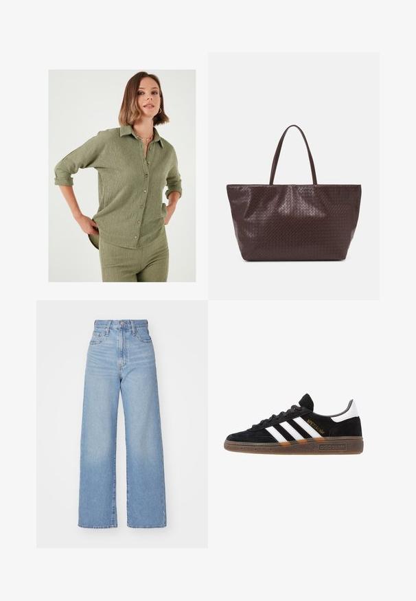 Cămașă verde măsliniu dintr-un material texturat, cu închidere prin buton și mâneci suflate. Cusăturile orizontale creează detalii subtile și formă.; Jeans cu talie înaltă, de culoare albastru deschis, cu croială largă, dotate cu nasture și fermoar la față, buzunare în față și spate, pe un fundal alb.; Sneaker Adidas negre cu dungi albe, text aurit "Spezial", talpă din cauciuc și tab de călcare alb, prezentat din vedere laterală.; Geantă din piele împletită maro, cu două mânere, formă structurată și suprafață texturată, având un model în diamant pe toată suprafața.