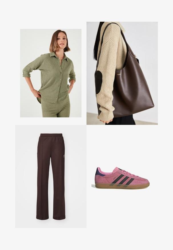 Olivenfarvet skjorte med struktureret stof, knaplukning foran og oplyste ærmer. Vandrette sømme skaber diskrete detaljer og form.; Brune træningsbukser med elastisk talje, to sidelommer og et lille logo på venstre side, lavet af et blødt stof.; Lyserøde ruskinds sneakers med sorte striber, gummisål og struktureret lilla hæl. Har snøredesign og præget branding på siden.; Brun læder tote taske med et rummeligt design. Har en glat tekstur og et diskret guldlogo. Parret med en cremefarvet strikket trøje.
