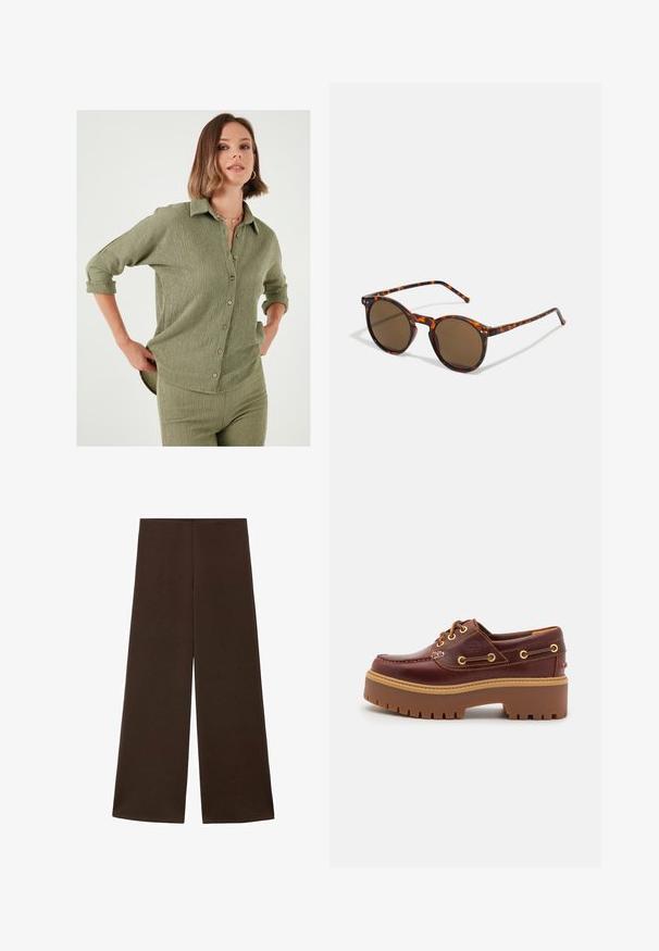 Olive green shirt with a textured fabric, button front, and rolled sleeves. Horizontal seams create subtle detailing and shape.; Wide-leg trousers made from a smooth, dark brown fabric. Features a high waistband and a minimalist design without embellishments.; Brown leather boat shoe with a chunky brown rubber sole, gold eyelets, and contrast stitching. Features a logo on the side.; Round sunglasses with tortoiseshell frame and brown lenses. Features thin temples with slight texture and metal accents near the lenses.