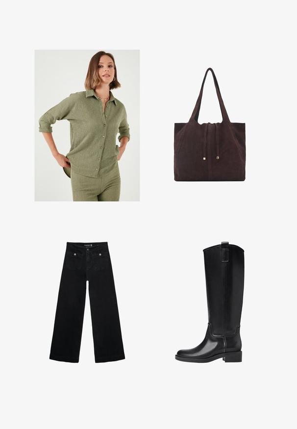 Olijfgroene shirt met een gestructureerde stof, knopen aan de voorkant en opgerolde mouwen. Horizontale naden creëren subtiele details en vorm.; Zwarte wijdpijpjans met een hoge taille, voorzien van twee voorzakken en metalen knoopaccenten. De stof heeft een gladde textuur.; Zwarte kniehoge laarzen van glad synthetisch materiaal. Met een ronde neus, lage blokhak en verticale naaddetails.; Mango Shopper - dark brown