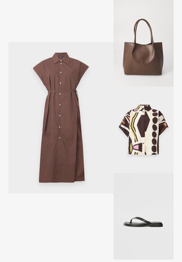 Short-sleeve, collared shirt made of cotton, featuring a geometric pattern in brown, cream, pink, and green with black buttons.; Brown button-up dress with a collared neck, short sleeves, belt tie at the waist, and a long, flowing design. Smooth cotton fabric.; Black flip-flop made of smooth leather, featuring a thin strap design and a flat sole with a minimal profile. No notable patterns or accents.; Brown leather tote bag with two long handles, structured shape, smooth texture, and minimalistic design. No visible hardware or accents.