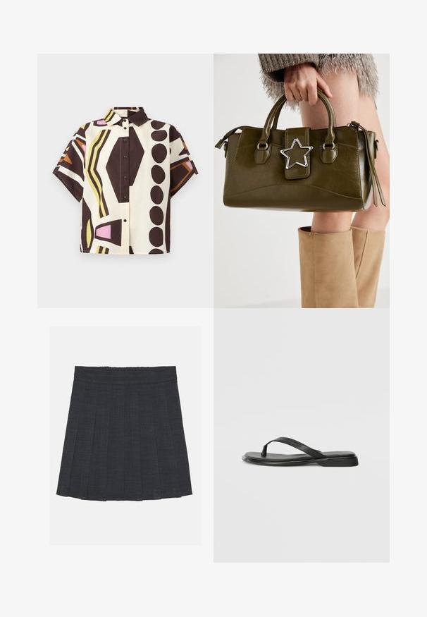 Kortermet skjorte med krage laget av bomull, med et geometrisk mønster i brun, krem, rosa og grønn, utstyrt med svarte knapper.; Mørkegrå plissert skjørt med elastisk midje, med teksturert stoff og en klassisk A-linje silhuett. Passer for hverdagsbruk.; Sorte flip-flop laget av glatt lær, med en tynn stroppdesign og en flat såle med et minimalistisk utseende. Ingen bemerkelsesverdige mønstre eller aksenter.; Oliven grønn faux lær håndveske med sølvstjerneakcent, doble håndtak og glidelåslukking. Teksturert overflate og strukturert form.