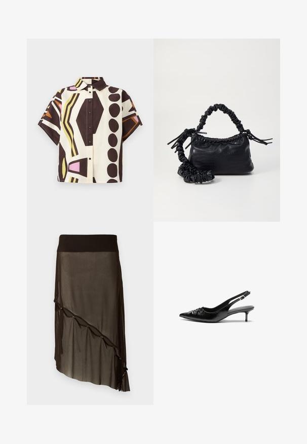 Short-sleeve, collared shirt made of cotton, featuring a geometric pattern in brown, cream, pink, and green with black buttons.; Black mesh skirt with a fitted waistband, asymmetrical hem, decorative buttons along the front, and layered sheer texture.; Black leather slingback heels with a pointed toe, small kitten heel, and a decorative knot detail on the front. Smooth texture throughout.; Black faux leather handbag with a crocodile texture, cinched top, and a scrunched strap. Appears soft and compact in design.