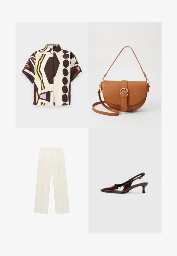 Korte mouwen, overhemd met kraag van katoen, met een geometrisch patroon in bruin, crème, roze en groen, voorzien van zwarte knopen.; Wijdgevallen broeken in een lichtcrème kleur. Gemaakt van een zachte stof met plooien aan de voorkant en zijzakken.; Bruine gepatineerde leren slingback-schoen met een spitse neus en een gematigd hakje. Voorzien van een gespsluiting voor een veilige pasvorm. Glad van textuur.; Bruine leren schoudertas met een gebogen vorm, gouden hardware en een gespaccent. Bevat een afneembare schouderriem.