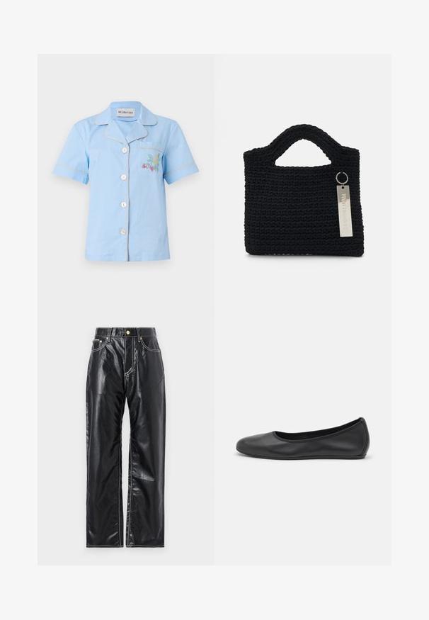 Light blue short-sleeve shirt with a collar, featuring a chest pocket and multicolored floral embroidery, finished with contrasting piping.; Black faux leather pants with a wide-leg cut, featuring white stitching, front pockets, and a gold button at the waistband.; Black leather ballet flat with a rounded toe, smooth texture, minimal stitching detail, and a flexible sole design.; Won Hundred MARSIELLE COMPUTER BAG UNISEX - Laptop bag - black