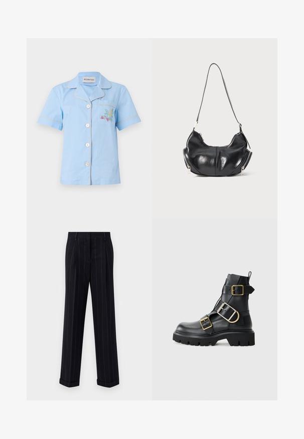 Light blue short-sleeve shirt with a collar, featuring a chest pocket and multicolored floral embroidery, finished with contrasting piping.; Black pinstriped trousers with a tailored fit, featuring a cuffed hem and front pleats. Made of smooth fabric with a structured design.; Black leather ankle boot with chunky sole, featuring multiple straps and gold hardware accents. Smooth texture, rugged design.; Black leather crescent-shaped shoulder bag with silver zippers on both sides and a single strap.