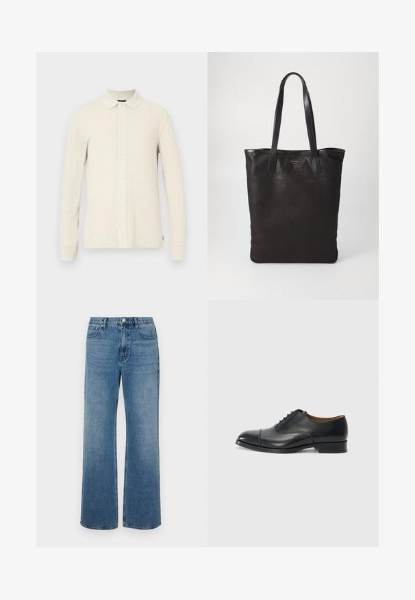 Long-sleeve polo shirt in light beige, textured material, featuring a button front, collar, and cuffs with ribbed accents.; Wide-leg blue jeans made of denim with a faded finish. Features five pockets, a front button closure, and a straight cut.; Black leather dress shoe with a smooth finish, rounded toe, five eyelets for laces, and low block heel. Minimalist design with subtle stitching.; Black canvas tote bag with black leather handles. Simple design, spacious body, and a smooth texture. No visible logos or patterns.