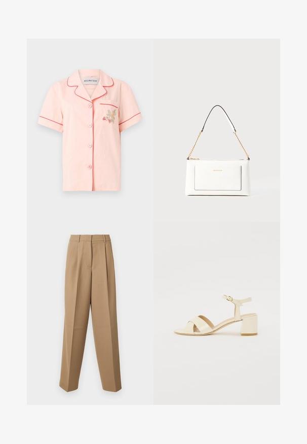 Helmstedt FIONA SHIRT - Pogājama blūze - pink salt; Bēšas stilīgas bikses ar augstu jostasvietu, kroku priekšpusi un platām kājām. Audums izskatās gluds ar vieglu spīdumu.; Bežīgi patentēti ādas sandalītes ar krustenisku siksnu dizainu, atvērtu pirkstu, regulējamu potītes siksnu un bloku papēdi. Gluda tekstūra.; Baltā ādas rokassomu ar teksturētu apdari, ar zelta ķēdes siksnu un melniem akcentiem. Iekļauj priekšējo kabatu un aizdari ar rāvējslēdzēju.
