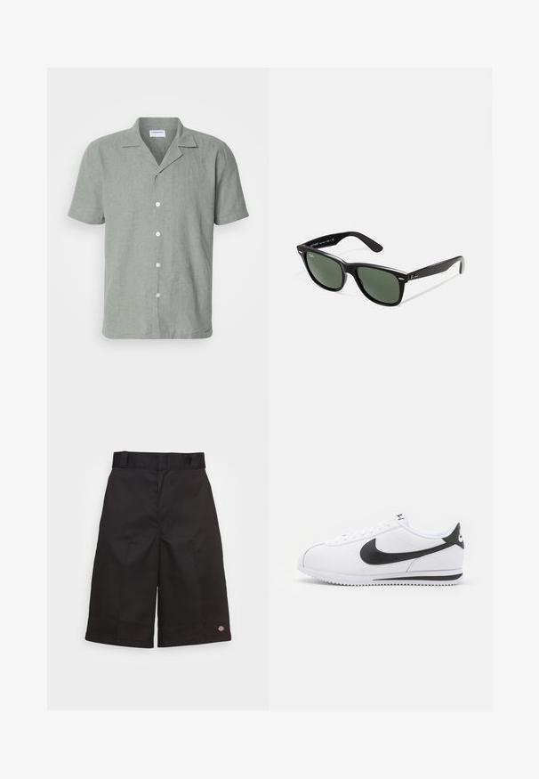 Camicia verde chiaro a maniche corte in lino, con collo a campana e cinque bottoni bianchi davanti per la chiusura. Design casual e testurizzato.; Pantaloni corti neri in cotone con taglio dritto, lunghi fino al ginocchio, caratterizzati da un logo del marchio ben visibile sull'orlo e una trama liscia.; Sneaker in pelle bianca con logo Nike nero, lacci piatti e suola in gomma testurizzata. Punta arrotondata e collare imbottito per il comfort.; Occhiali da sole in plastica nera con lenti verdi, montatura quadrata, dettaglio argento sulla parte superiore e steli con texture. Marchio indicato sulla parte interna dello stelo.