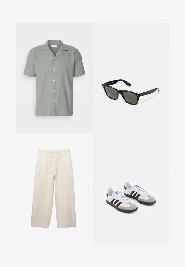 Vaaleanvihreä lyhythihainen pellavapaita, jossa on leirikaulus ja viisi valkoista nappia edessä kiinnitystä varten. Kankaan rakenne on rento ja käyttökelpoinen.; Vaaleanbeige pellavahousut, joissa on joustava vyötärö, säätönyöri, leveät lahkeet ja sivutaskut. Sulava rakenne.; Urheilukengät, joissa on valkoinen nahkainen päällinen, harmaa mokkanokka ja kolme mustaa raitaa. Ominaisuuksina sininen logo kielekkeessä ja kuvioitu kumipohja.; Mustat muoviset aurinkolasit, joissa on vihreät linssit, neliönmuotoiset kehykset, hopeinen yksityiskohta kulmakarvojen kohdalla sekä tekstuuriset temppeleiden varret. Brändi ilmoitettu sisävarsissa.