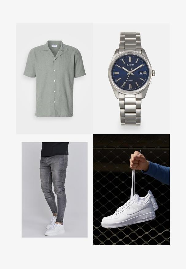 Svetlozelená krátkorpá košeľa z ľanu s kempovým golierom a piatimi bielymi gombíkmi na prednej strane na zapínanie. Textúrovaný, neformálny dizajn.; Chudé džínsy v bledom šedom denime s obnosnými detailmi na kolenách, skombinované s bielymi teniskami. Hladká textúra, úzky strih.; Biele kožené tenisky s perforáciami, okrúhlou špičkou, plochou podrážkou a hrubými šnúrkami, pričom majú viditeľné logo swoosh a nápis "AIR" na päte.; Strieborné nerezové hodinky s modrým ciferníkom, kovovými hodinovými značkami a dátumovým oknom na 3. hodine. Vodotesné do hĺbky 50 metrov.