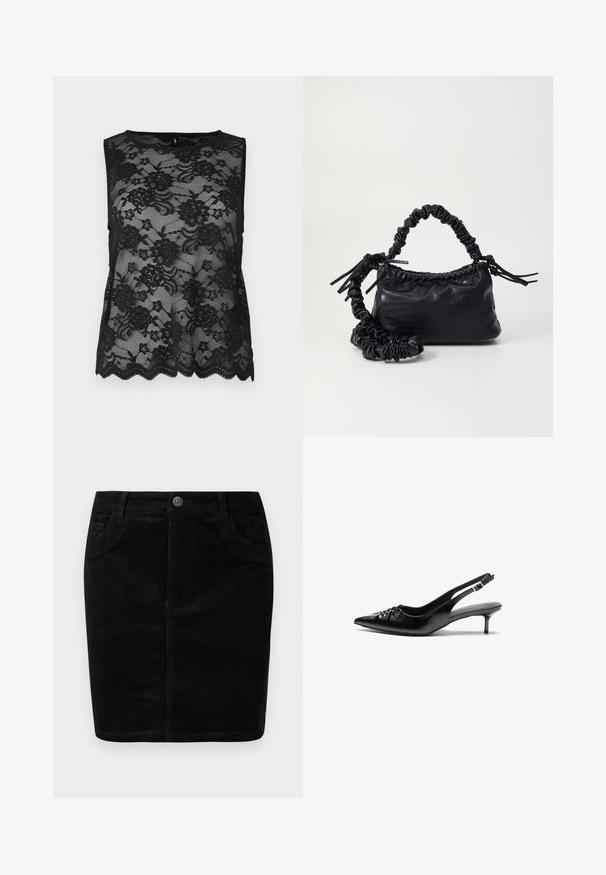 Fekete, ujjatlan csúcs, csipkéből készült, virágmintákkal, fodros szegéllyel és áttetsző textúrával. Egyszerű, kerek nyakkivágás.; Fekete kordbársony szoknya egyenes szabással, gombos záródással, elülső zsebekkel, bordázott textúrával és matt felülettel.; Fekete bőrből készült, pántos magassarkú cipő hegyes orral, alacsony cicás sarokkal, és fodros részlettel a lábfején. Simább felület és minimalista design.; Fekete műbőr kézi táska krokodil bőr textúrával, összehúzható tetejű és gyűrt pánttal. Lágy és kompakt dizájnúnak tűnik.