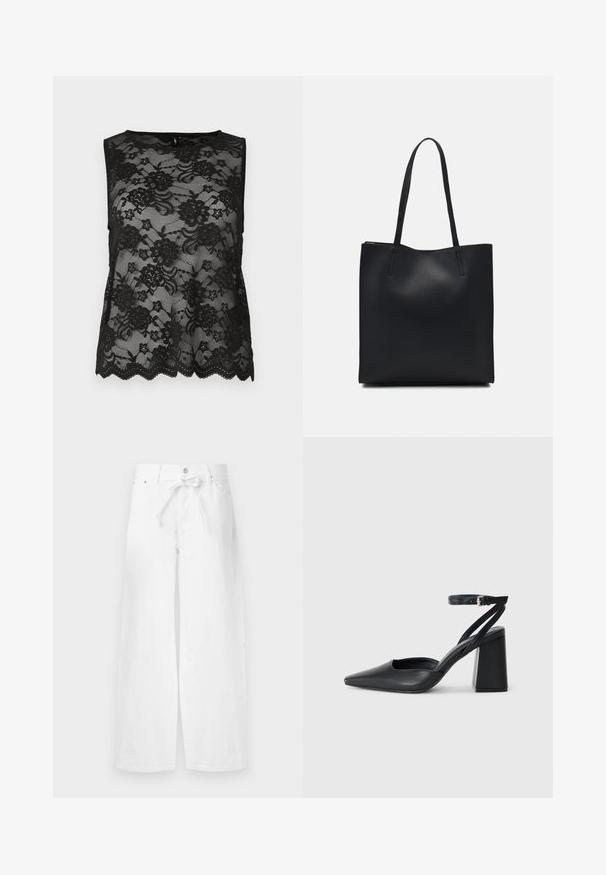 Must värvitu ilma varrukateta topp, mis on valmistatud pitsist, sisaldab lillemotiive, lainelist äärt ja läbipaistvat tekstuuri. Lihtne ümmargune kaelus.; Valged laiad puuvillased püksid, millel on reguleeritav vöökoht, üksnupuline kinnitamine ja ees olevad taskud. Sile tekstuur, mustreid pole.; Mustmustest must-käigukingad, millel on konksuga nöör ja paks konts. Ühtlane tekstuur, stiilne disain ja minimalistlik esteetika.; Mustast nahast kott sujuva tekstuuriga, ristkülikukujuline ja kahe pika sangaga. Pole nähtavat riistvara ega kaunistusi.