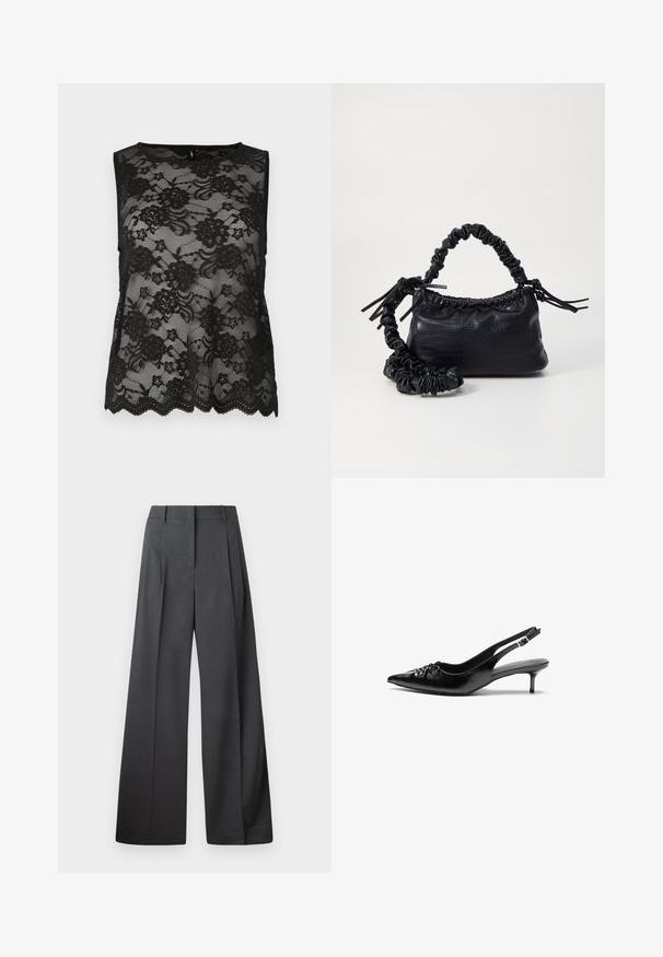 Čierny top bez rukávov vyrobený z čipky, s kvetinovými vzormi, vlnitým lemom a priesvitnou textúrou. Jednoduchý okrúhly výstrih.; Nohavice s širokými nohavicami z tmavošedej látky, s vysokým pásom, jedinými záhybmi a hladkou textúrou s čistým zakončením na lemoch.; Čierne kožené slingback podpätky s ostrou špičkou, malým podpatkom a dekoratívnym uzlom vpredu. Hladký povrch po celom obvode.; Čierna umelá kožená kabelka s kroko vzorom, sťahovaným vrchom a zhnutým popruhom. Vyzerá mäkko a kompaktné v dizajne.