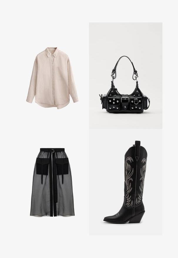 Jasnobeżowa, długosługa koszula z teksturowanej tkaniny. Zapinana na guziki z jedną kieszenią na piersi. Okrągły dół i klasyczny krój kołnierzyka.; Czarna przezroczysta spódnica z marszczeniem w pasie, posiadająca dwie dużej wielkości kieszenie z przodu, pasek w talii oraz okrągły metalowy akcent.; Czarne skórzane kowbojskie buty z wydłużonymi noskami, obcasem typu koturn oraz srebrnymi haftowanymi wzorami kwiatowymi wzdłuż cholewy. Kontrastowe szwy na całej długości.; Czarna skórzana torebka w zakrzywionym kształcie, z srebrnymi ćwiekami, klamrą i dwoma bocznymi kieszeniami. Regulowany pasek umożliwiający różne opcje noszenia.