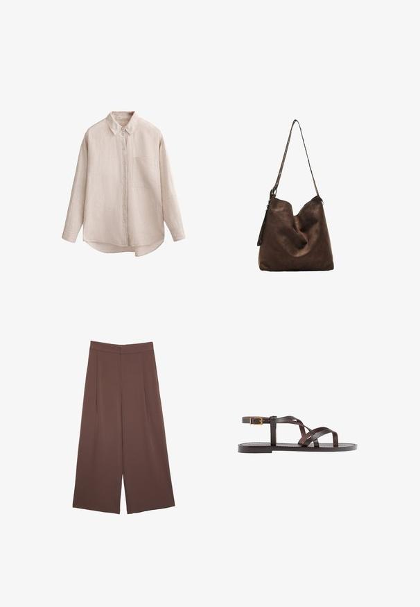 Jasnobeżowa, długosługa koszula z teksturowanej tkaniny. Zapinana na guziki z jedną kieszenią na piersi. Okrągły dół i klasyczny krój kołnierzyka.; Brązowe spodnie o szerokich nogawkach z gładką fakturą, z wysokim stanem i plisami z przodu. Materiał jest lekki i luźno opada.; Brązowe skórzane sandały z krzyżującymi się paskami, zapięciem na klamrę przy kostce oraz płaską podeszwą z minimalnymi detalami szycia.; Brązowa zamszowa torba hobo z zaokrąglonym przodem, długim paskiem z akcentami w postaci kropek oraz miękką fakturą. Charakteryzuje się luźnym designem, idealnym do codziennego użytku.