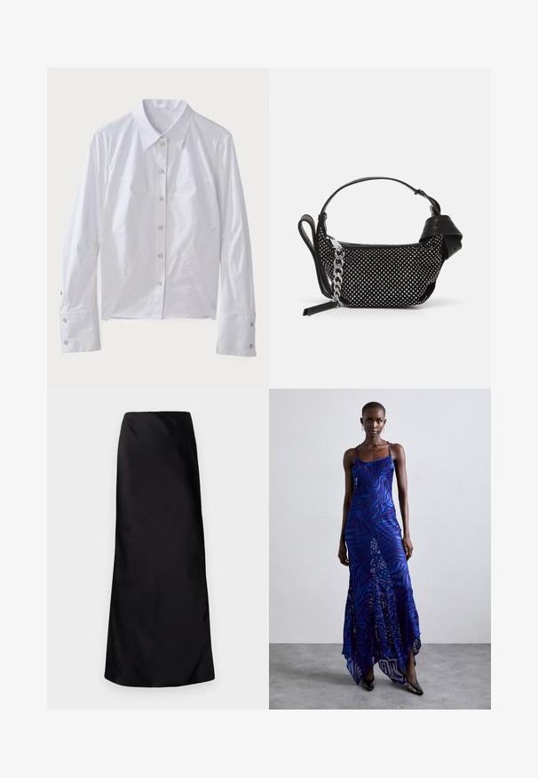 Chemise blanche à manches longues en tissu lisse, dotée d'un col pointu, de boutons sur le devant et de coutures structurées pour un ajustement sur mesure. Accents de boutons en argent.; Norma Kamali BIAS OBIE SKIRT - Jupe longue - black; Robe maxi à imprimé animal bleu et violet avec de fines bretelles, un corsage ajusté, un ourlet évasé et des détails en superposition transparente.; Sac à main noir avec des embellissements cloutés, une bandoulière en chaîne et une poignée en cuir lisse, de forme arrondie et avec un compartiment zippé.