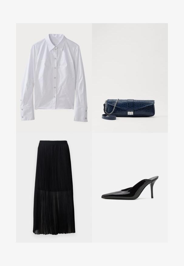 White long-sleeve shirt made of smooth fabric, featuring a pointed collar, front buttons, and structured seams for a tailored fit. Silver button accents.; Black pleated midi skirt with a smooth, elastic waistband and sheer overlay, featuring fine vertical pleats throughout the fabric.; Black patent leather high-heeled mule with a pointed toe and a sleek silhouette, featuring an open back and a slender stiletto heel.; Navy blue leather clutch with a crocodile texture, silver chain strap, and metallic clasp. Rectangular shape with foldover design.