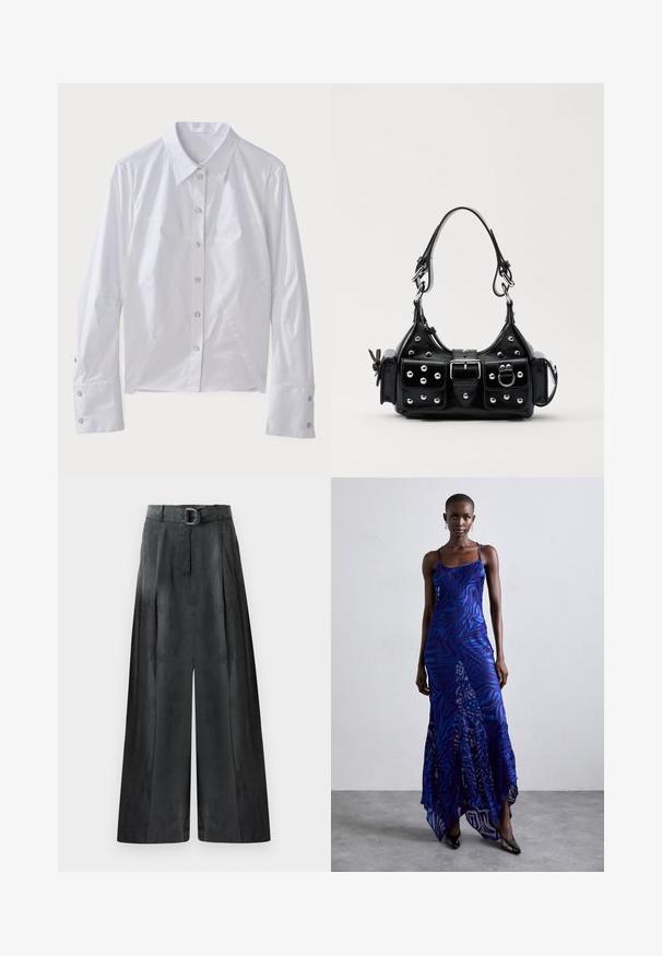 White long-sleeve shirt made of smooth fabric, featuring a pointed collar, front buttons, and structured seams for a tailored fit. Silver button accents.; Wide-leg trousers in dark gray, featuring a smooth texture, pleats, and a belt with a silver buckle at the high waist.; Blue and purple animal print maxi dress with thin straps, a fitted bodice, flared hem, and sheer overlay detailing.; Black leather handbag with a curved design, featuring silver studs, a buckle, and two side pockets. Adjustable strap for carrying options.