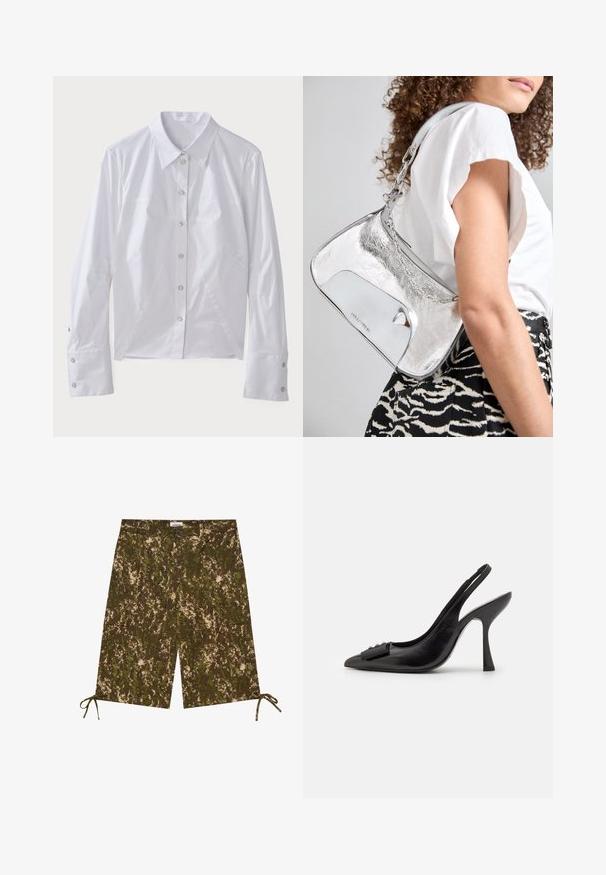 Weißes Langarmhemd aus glattem Stoff, mit spitzen Kragen, Frontknöpfen und strukturierten Nähten für eine maßgeschneiderte Passform. Silberne Knopfakzente.; Tarnmuster-Shorts in Grüntönen und Braun, aus leichtem Material gefertigt, mit Seitentaschen und verstellbaren Bindebändern am Saum.; Schwarzer Leder-Slingback-Schuh mit spitzem Zehenbereich, schlankem High Heel und dekorativem Schleifenakzent. Glatte Textur und elegantes Design.; Silberne metallische Schultertasche mit glatter Textur, geschwungenem Design, Kettenriemen und einer glänzenden Vorderseite mit einer dezenten Logo-Gravur.; Silberohrringe mit einem fließenden, spiralförmigen Design. Glatte Textur mit polierter Oberfläche. Verfügt über einen subtilen Glanz und keine sichtbaren Verzierungen.