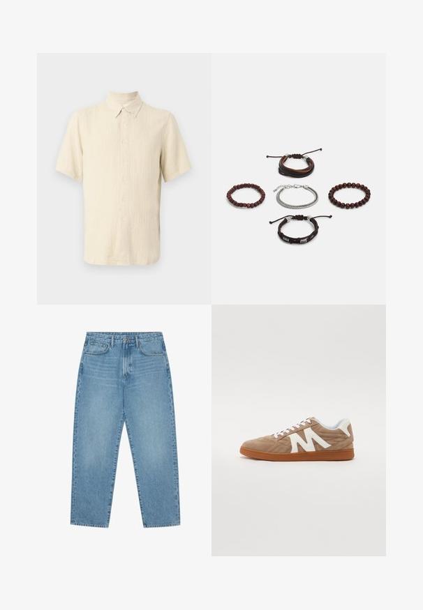 Maglietta beige chiaro a maniche corte realizzata in tessuto testurizzato, con colletto a camicia e motivo a righe verticali con bottoni frontali.; Jeans a gamba larga in denim azzurro chiaro con vita alta, dotati di cinque tasche, passanti per cintura e una consistenza morbida e leggermente sbiadita.; Sneaker con lacci in suede marrone, dettagli in tessuto bianco, design trapuntato e suola in gomma marrone. Presenta un logo "M" ben visibile.; Set di cinque bracciali caratterizzati da pelle marrone, perline di legno e una catena in argento; texture e forme variabili, con chiusure regolabili.