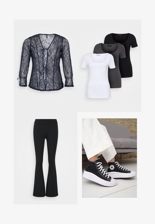Blouse en dentelle bleu marine avec décolleté en V et manches trois-quarts. Détails à nouer à l'avant et bords festonnés. Légère et transparente.; Trois T-shirts ajustés en blanc, gris et noir. Chacun présente un décolleté large et des manches courtes. Fabriqués en tissu lisse et extensible.; Pantalon évasé noir en tissu extensible, présentant une taille haute et une texture lisse. Le pantalon s'élargit à partir du genou.; Baskets montantes en toile noire avec semelles et lacets en caoutchouc blanc. Elles présentent un logo circulaire sur le côté et un contraste de coutures blanches.