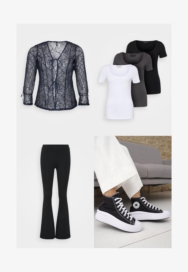 Tumedal sinine pitsblus, millel on V-kaelus ja kolmveerandilised varrukad. Esiosa on seotud ning ääred on lainelised. Kerge ja läbipaistev.; Kolm mugavat T-särki valges, hallis ja mustas värvitoonis. Igal särgil on lai madal kaelus ja lühikesed varrukad. Valmistatud siledast, venivast kangast.; Mustad flared püksid venivast kangast, kõrge vöökoht ja sile tekstuur. Püksid laienevad põlve kohalt.; Mustad kõrge säärega tossud valgete kummist tallade ja paeltega. Omad ümmargust logomärki ja kontrastset valget õmblust. Materjaliks lõuend.