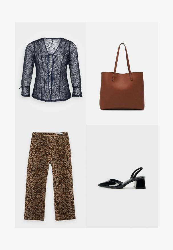 Blouse en dentelle bleu marine avec décolleté en V et manches trois-quarts. Détails à nouer à l'avant et bords festonnés. Légère et transparente.; Pantalons à imprimé léopard avec un motif marron et noir, design à jambes droites et style classique à cinq poches. Fabriqués en tissu mélangé de coton.; Escarpins en cuir verni noir avec bout pointu et talon bloc géométrique. Présente un design élégant et minimaliste ainsi qu'une texture lisse.; Sac fourre-tout en cuir marron avec une texture lisse, design à ouverture supérieure et deux poignées pour le porter à l'épaule. Présente des coutures minimales et aucun matériel visible.