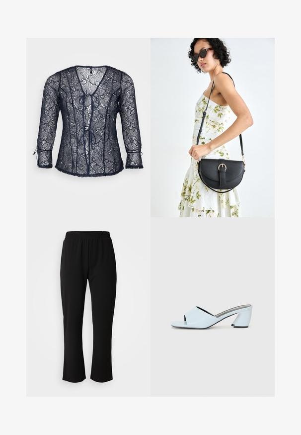 Blusa de renda azul marinho com decote em V e mangas três quartos. Apresenta detalhes de laço na frente e bordas em formato de ondas. Leve e transparente.; ONLY Carmakoma CARLAMA STRAIGHT - Calças - black; Mules de salto aberto de cor azul clara com um design geométrico, apresentando uma faixa larga sobre o pé e um salto chunky e angular.; Bolsa de couro preta com forma curva, alça destacável e detalhes em dourado. A bolsa possui uma aba com detalhe de fivela.