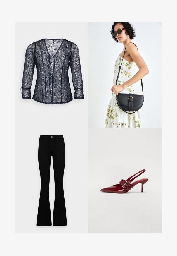 Granatowa bluzka koronkowa z dekoltem w serek i rękawami o długości trzech ćwierć. Posiada detale ze sznurkiem z przodu oraz falbanki na krawędziach. Lekka i przezroczysta.; Czarne, wysokie dżinsy z guzikem i zamkiem błyskawicznym, z przednimi kieszeniami i rozszerzanymi nogawkami, leżące płasko na białym tle.; Czerwone lakierowane czółenka na klocku z zaokrąglonym noskiem, dwoma paskami z klamrami oraz smukłym, średniej wysokości obcasem w stylu stiletto. Gładka tekstura.; Czarna skórzana torebka o zakrzywionym kształcie, z odpinanym paskiem i złotymi akcentami. Torebka posiada klapę z zapięciem w kształcie klamry.