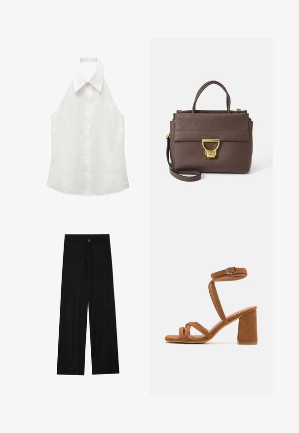 Mango CHIARA - Top - off-white; Bredde ben sorte bukser lavet af et glat stof, med forlommer og knaplukning i taljen. Minimalistisk design uden mønstre.; Brune faux suede hælede sandaler med en bred blokhælk, flere krydsspiralsstropper og en justerbar ankelspænde. Blød tekstur, åben tå-design.; Brun læderhandtaske med tekstureret overflade, guldfarvet hardware, tophanke og aftagelig skulderrem; har en frontklap med låsemekanisme.