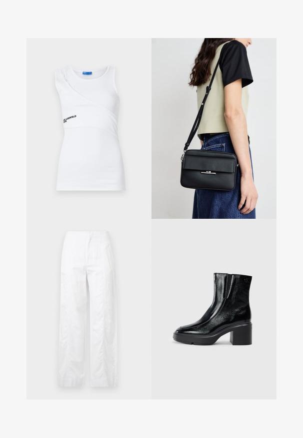 Valge ribidega T-särk ebatavalise disainiga, millel on üks õlapael ja silmapaistev must logo esiküljel.; Valged laiad püksid, mis on valmistatud kergetest materjalidest, omades siledat tekstuuri, puhtaid jooni ja kõrget vöökohta.; Mustmustest must paeltega särkide, millel on kõver varvas, elastsed külgpaneelid ja jäme plokkpealse. Tagaküljel on reljeefne logo.; Calvin Klein LINEAR CAMERA BAG - Ülerinna-kott - black